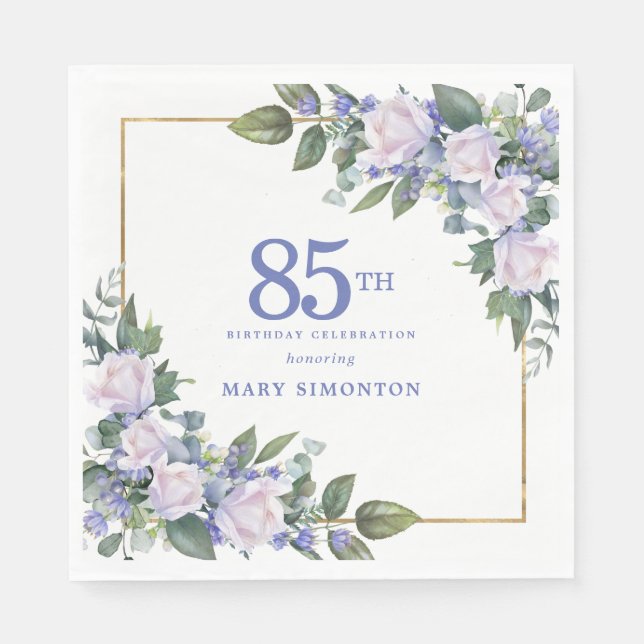 Vit Ros Blå Blommig Anpassad 85-årsfest Pappersservett (Framsidan)
