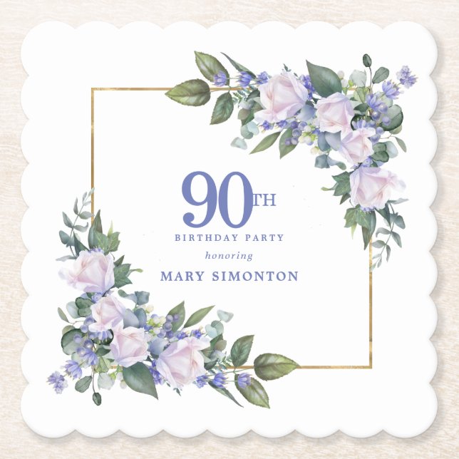 Vit ros Blå Blommig Anpassad 90-årsfest Underlägg Papper (Framsida)