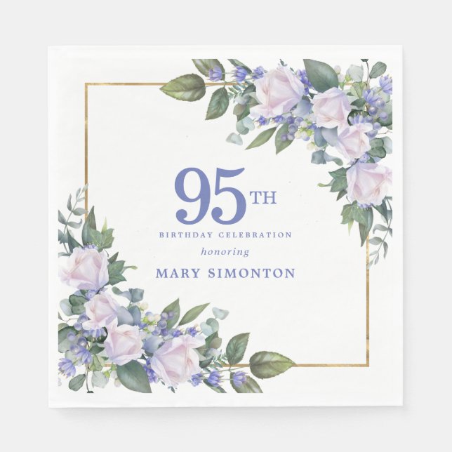 Vit Ros Blå Blommig Anpassad 95-årsfest Pappersservett (Framsidan)