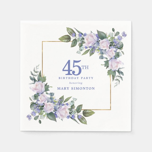 Vit ros blå blomster anpassad 45-årsfest pappersservett (Framsidan)