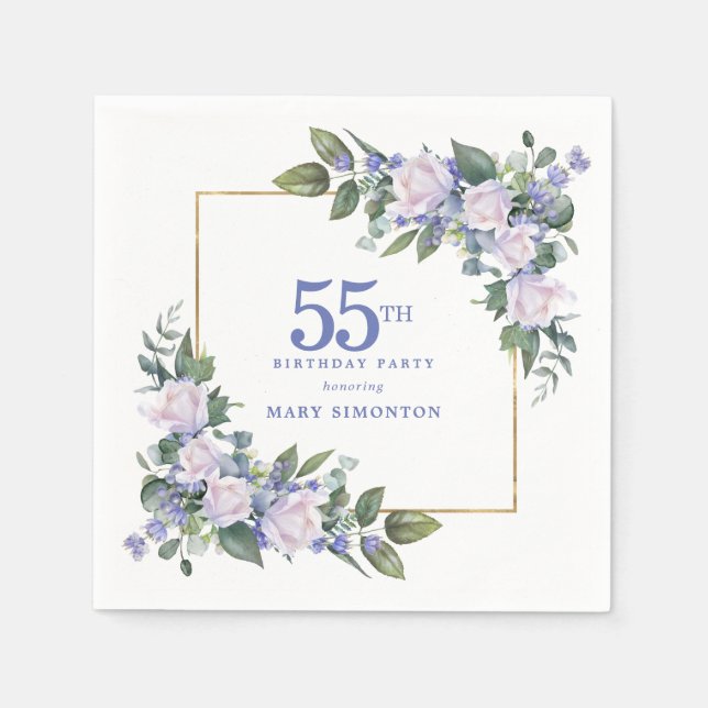 Vit ros blå blomster anpassad 55-årsfest pappersservett (Framsidan)