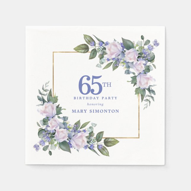 Vit ros blå blomster anpassad 65-årsfest pappersservett (Framsidan)