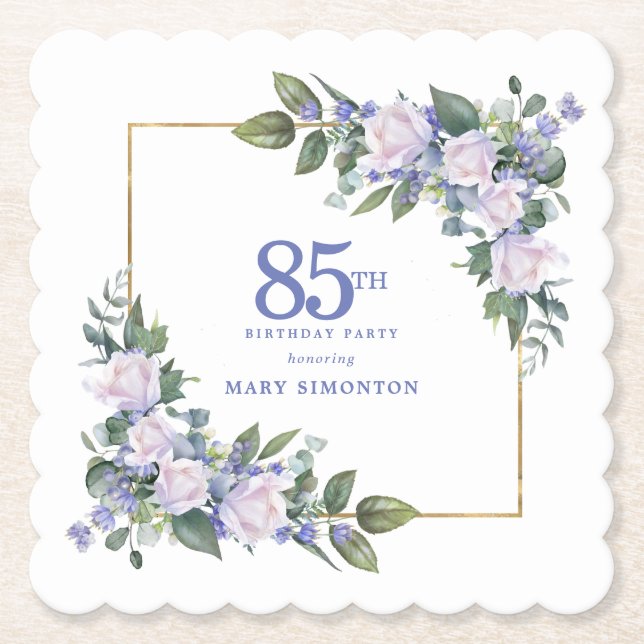Vit ros blå blomster anpassad 85-årsfest underlägg papper (Framsida)