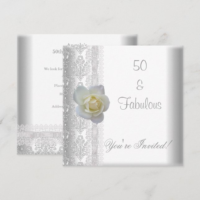 Vit ros blomma fantastisk 50-årsfest inbjudningar (Fram/baksida)