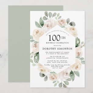 Vit Ros Blommig Eukalyptus 100-års Födelsedagsfest Inbjudningar