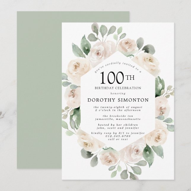 Vit Ros Blommig Eukalyptus 100-års Födelsedagsfest Inbjudningar (Fram/baksida)