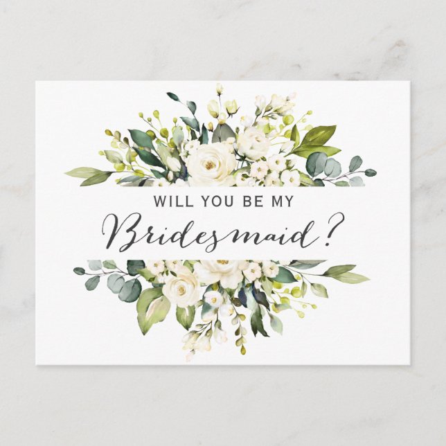 Vit ros Blommigt Bouquet ska vara mitt Bridesmaid- Helg Vykort (Framsida)