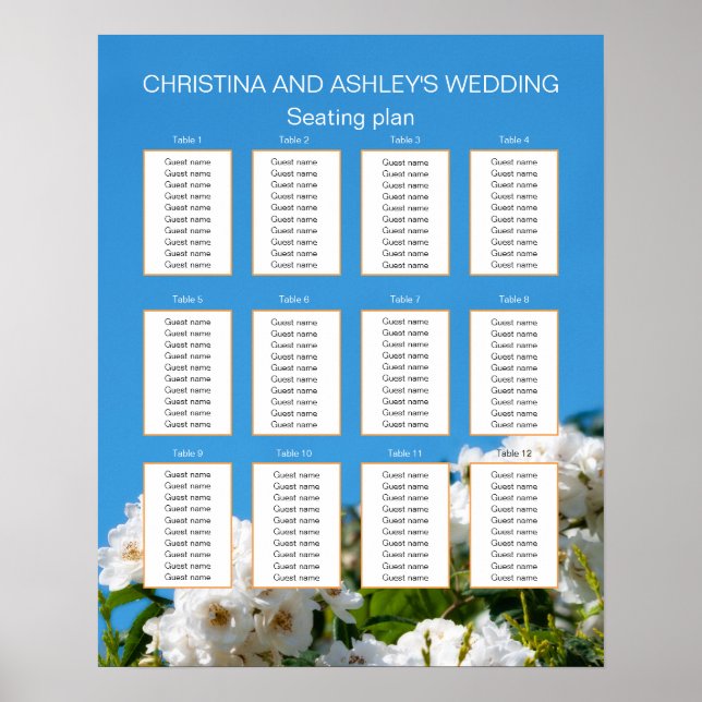 Vit ros blommigt bröllop: sittplatsplan poster (Framsidan)