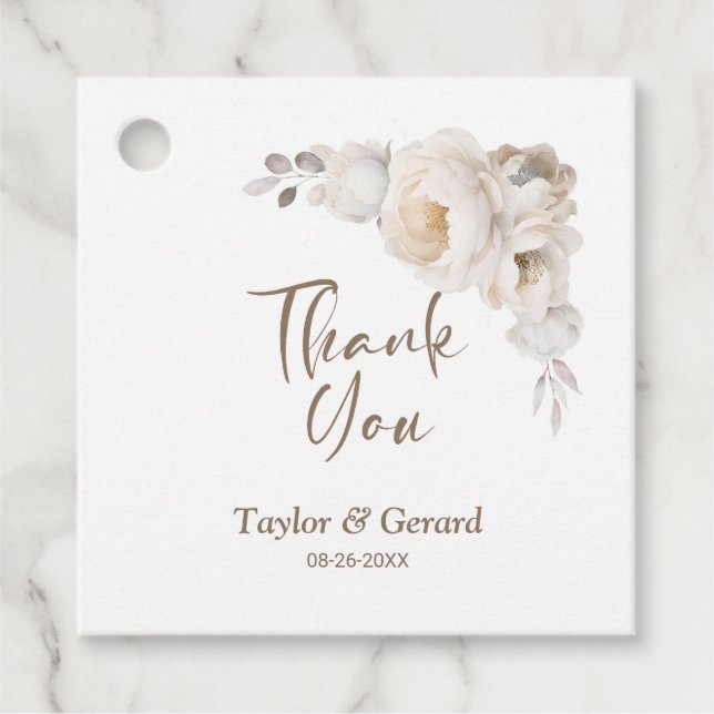 Vit ros Blommigt Bröllop Tack Gåvor Etiketter (Framsida)