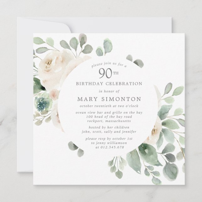 Vit ros Blommigt Eucalyptus 90:e Födelsedagsfest Inbjudningar (Framsida)