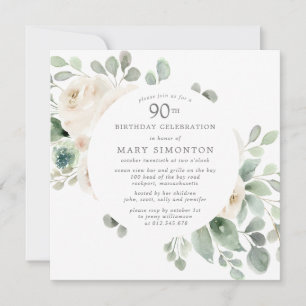 Vit ros Blommigt Eucalyptus 90:e Födelsedagsfest Inbjudningar