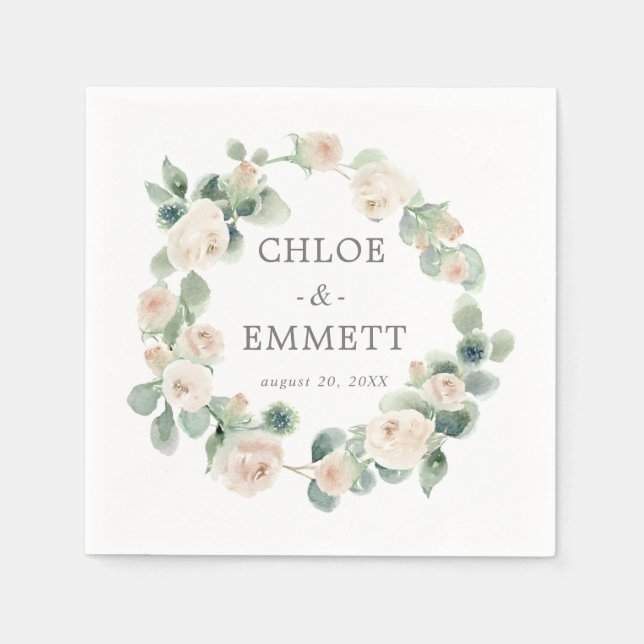 Vit ros Blommigt Eucalyptus Bröllop Napkins Pappersservett (Framsidan)