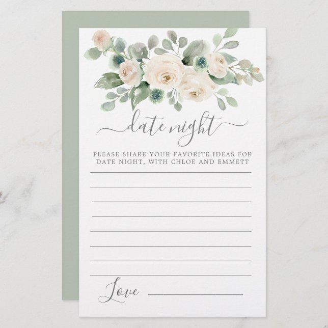 Vit ros Blommigt Greenery Date Night Card (Fram/baksida)