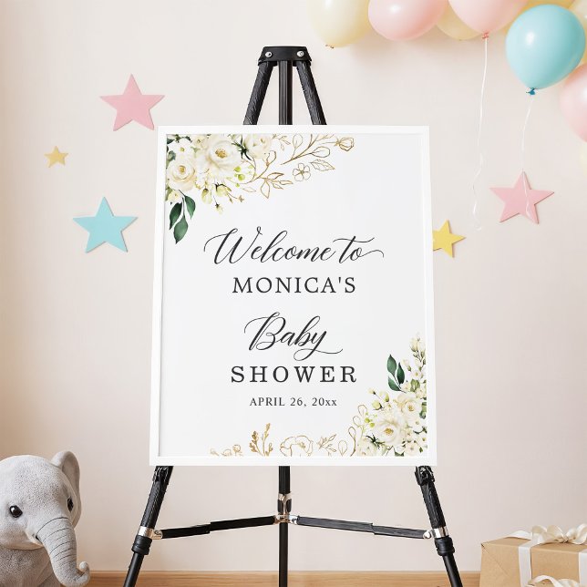 Vit ros Blommigt Guld Löv Baby Shower-skylt Poster (Skapare uppladdad)