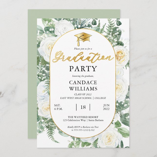 Vit ros Blommigt Guld Ram Studentfest Inbjudningar (Fram/baksida)