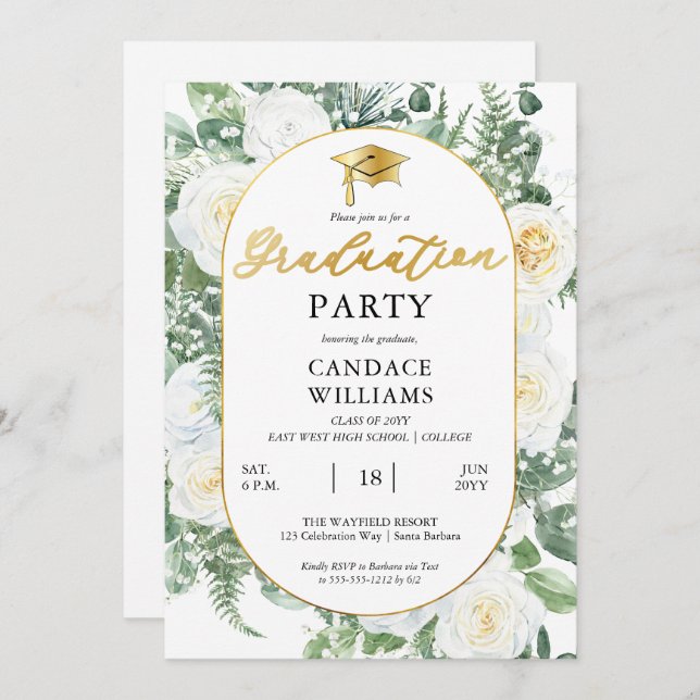 Vit ros Blommigt Guld Ram Studentfest Inbjudningar (Fram/baksida)