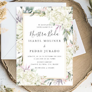 Vit ros Blommigt Nuestra Boda Spanska Bröllop Inbjudningar