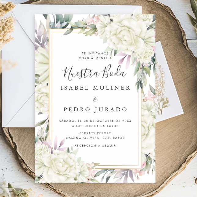 Vit ros Blommigt Nuestra Boda Spanska Bröllop Inbjudningar (Skapare uppladdad)