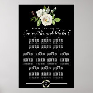 Vit ros Blommigt på 10-Bords svart sittplatsplan Poster