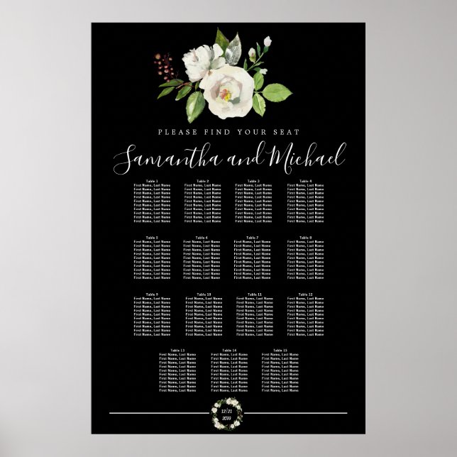 Vit ros Blommigt på 15-Bords svart sittplatsplan Poster (Framsidan)