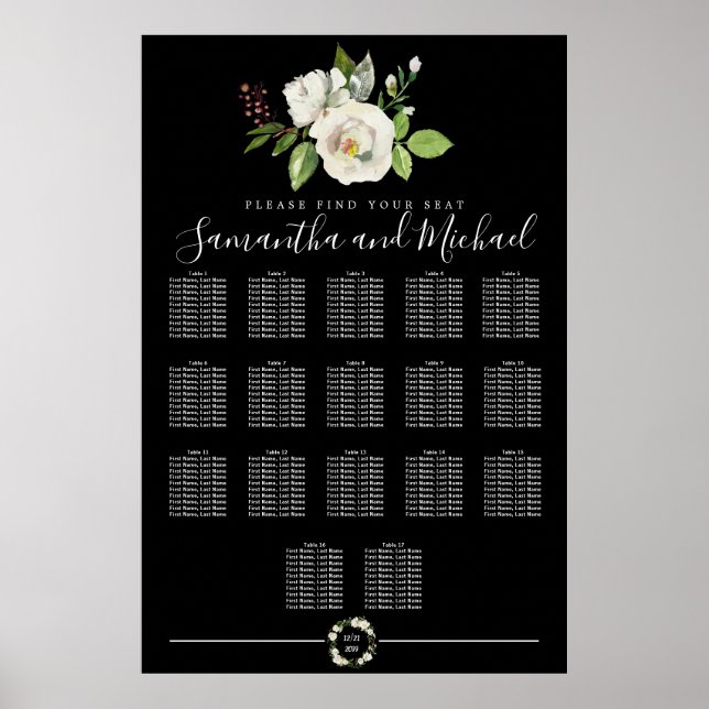 Vit ros Blommigt på 17-Bords svart sittplatsplan Poster (Framsidan)