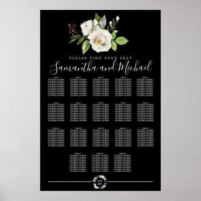 Vit ros Blommigt på 18-Bords svart sittplatsplan Poster (Framsidan)