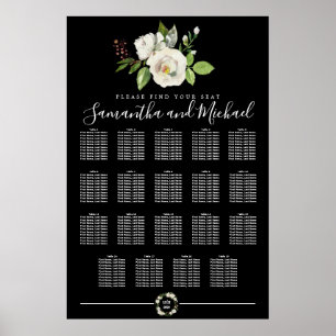 Vit ros Blommigt på 19-Bords svart sittplatsplan Poster