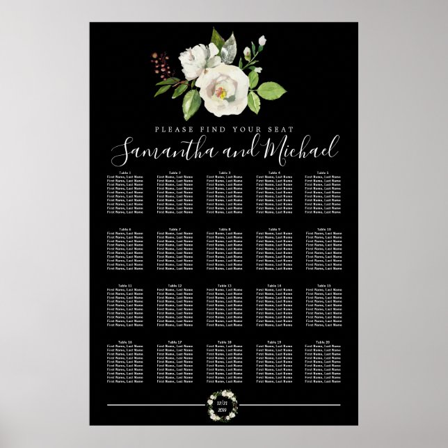 Vit ros Blommigt på 20-Bords svart sittplatsdiagra Poster (Framsidan)