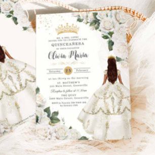 Vit ros Blommigt Princess Gown Guld Quinceañera Inbjudningar