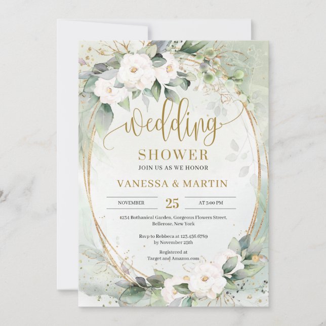 Vit ros blommor grönt eucalyptus guld oval inbjudningar (Framsida)