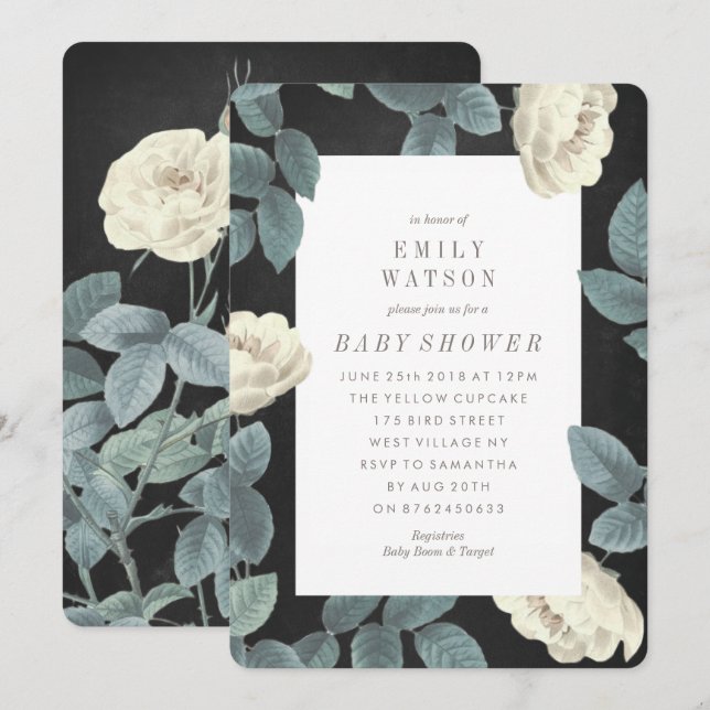 Vit ros Blomschalkboard Baby Shower Inbjudan (Fram/baksida)