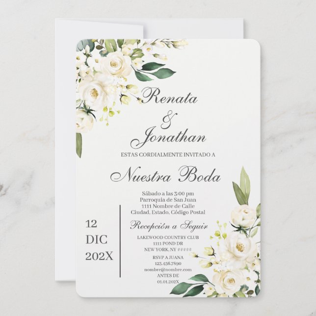 Vit ros boda en español inbjudningar (Framsida)