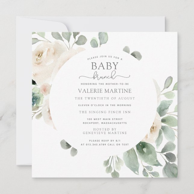 Vit ros Botanical Baby Brunch Inbjudningar (Framsida)