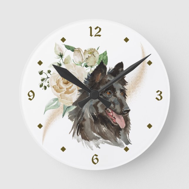 Vit ros Bouquet belgisk tervuren Hund Rund Klocka (Framsida)