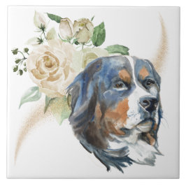 Vit ros Bouquet Bernese Mountain Hund Kakelplatta