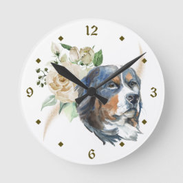 Vit ros Bouquet Bernese Mountain Hund Rund Klocka