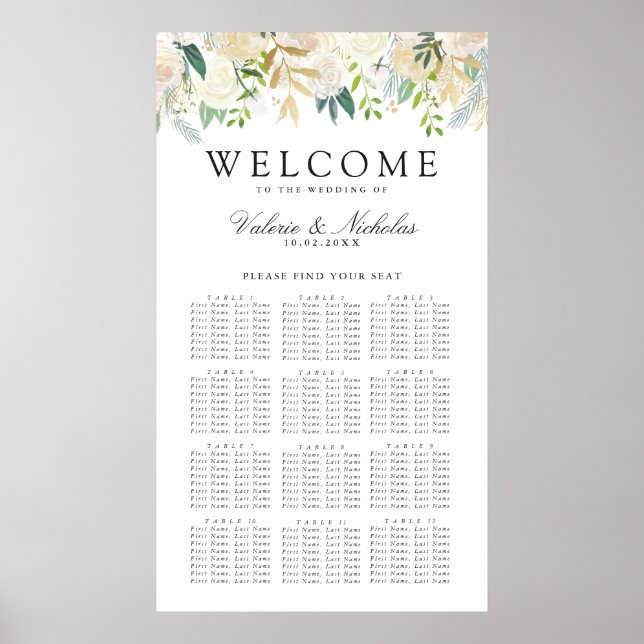 Vit ros Bouquet | Blommigt 12 Bord Sittplatsdiagra Poster (Framsidan)
