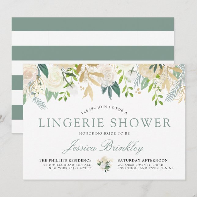 Vit ros Bouquet | Blommigt Lingerie Shower Inbjudningar (Fram/baksida)