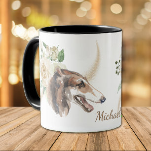 Vit ros Bouquet Borzoi Hund Mugg