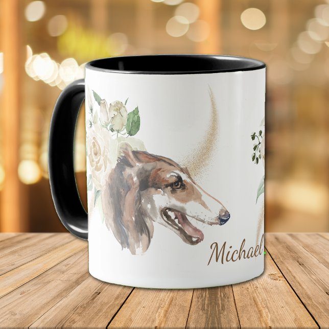 Vit ros Bouquet Borzoi Hund Mugg (Skapare uppladdad)