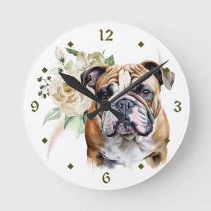 Vit ros Bouquet Bulldog Rund Klocka