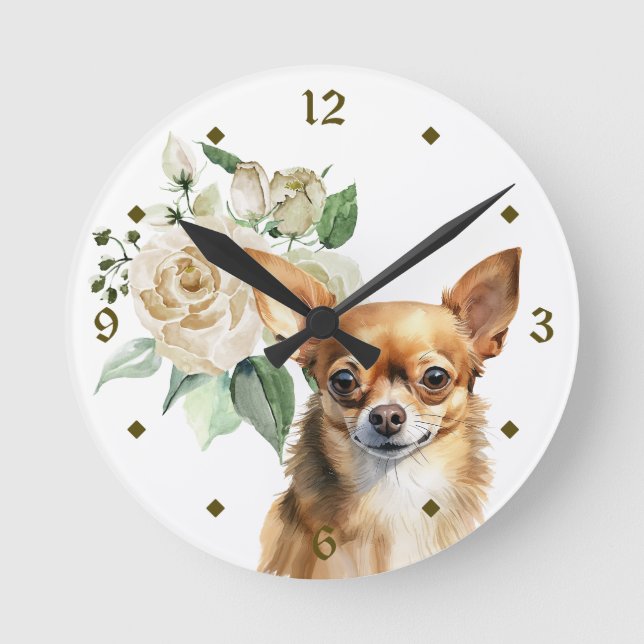 Vit ros Bouquet Chihuahua Hund Rund Klocka (Framsida)