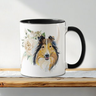 Vit ros Bouquet Collie Hund Mugg