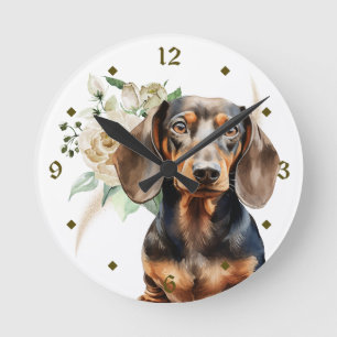 Vit ros Bouquet Dachshund Hund Rund Klocka