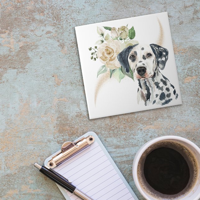 Vit ros Bouquet Dalmatien Hund Kakelplatta (Skapare uppladdad)