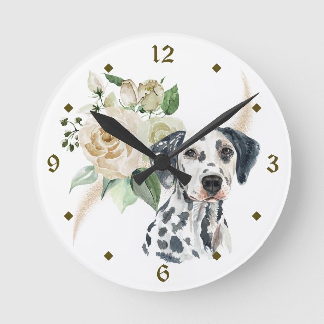 Vit ros Bouquet Dalmatien Hund Rund Klocka (Framsida)