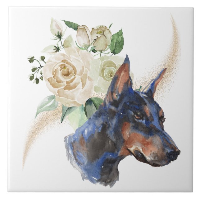 Vit ros Bouquet Doberman Pinscher Hund Kakelplatta (Framsidan)