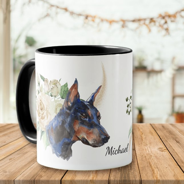 Vit ros Bouquet Doberman Pinscher Hund Mugg (Skapare uppladdad)