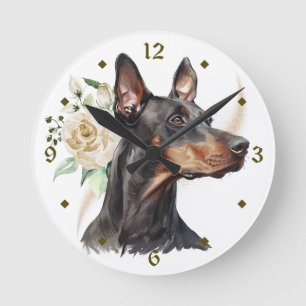 Vit ros Bouquet Doberman Pinscher Hund Rund Klocka