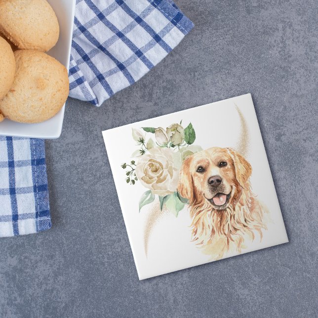 Vit ros Bouquet Golden Retriever Hund Kakelplatta (Skapare uppladdad)